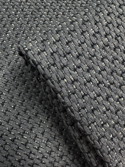 Close-up of Super Cheap Fabrics’ Basketweave Upholstery in Bacchus Blue Steel (142cm), highlighting its textured basketweave pattern, delicate lighter threads, and luxe feel—ideal for premium upholstery projects.