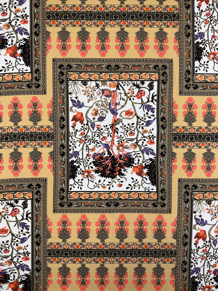 Super Cheap Fabrics’ Designer Rayon - Antique Tapestry (145cm) showcases rectangular panels with detailed floral and leaf patterns in red, orange, black, and cream on beige, blending small flower rows with larger central motifs.