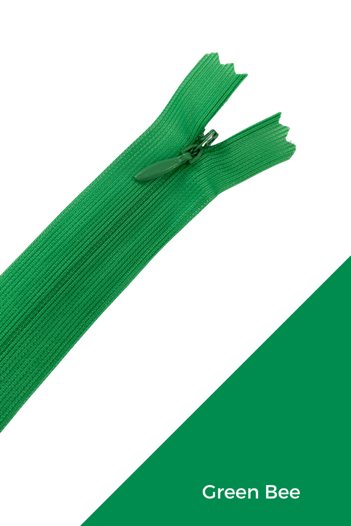 A green Invisible Zip - 30cm from Super Cheap Fabrics is partially open on a white background. “Green Bee” appears in white text in the green bottom right corner.